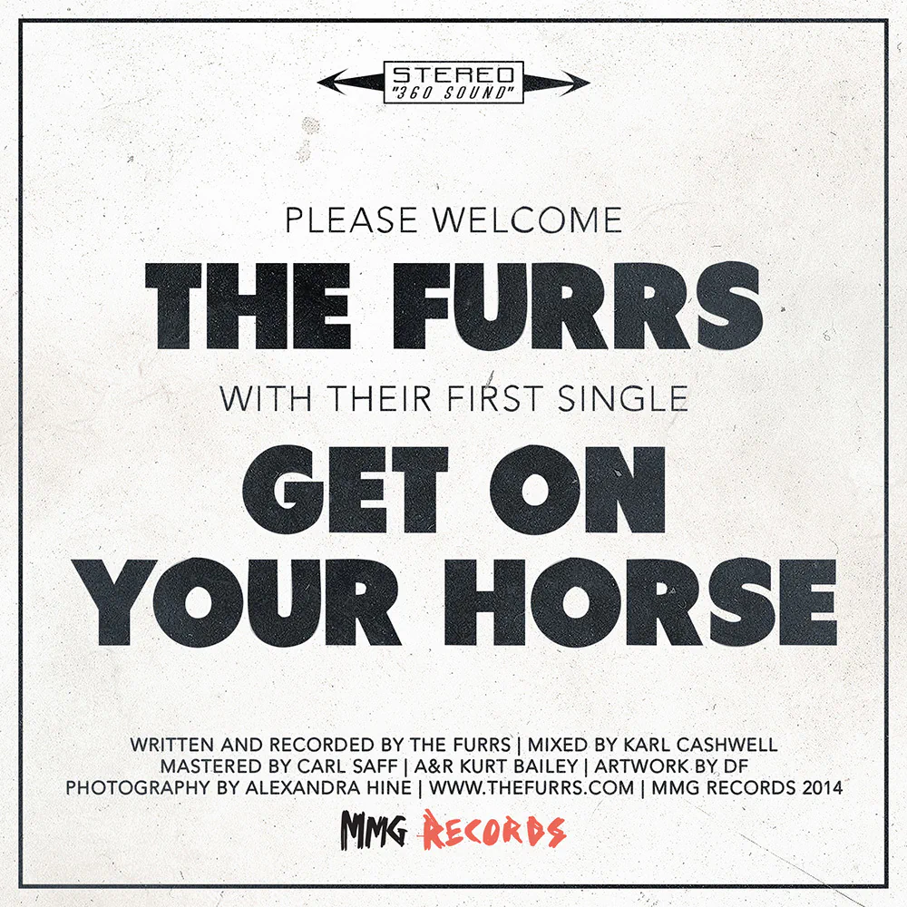 Single cover for The Furrs, 'Get on your horse', set as a vintage record sleeve in heavy black type on aged off-white paper