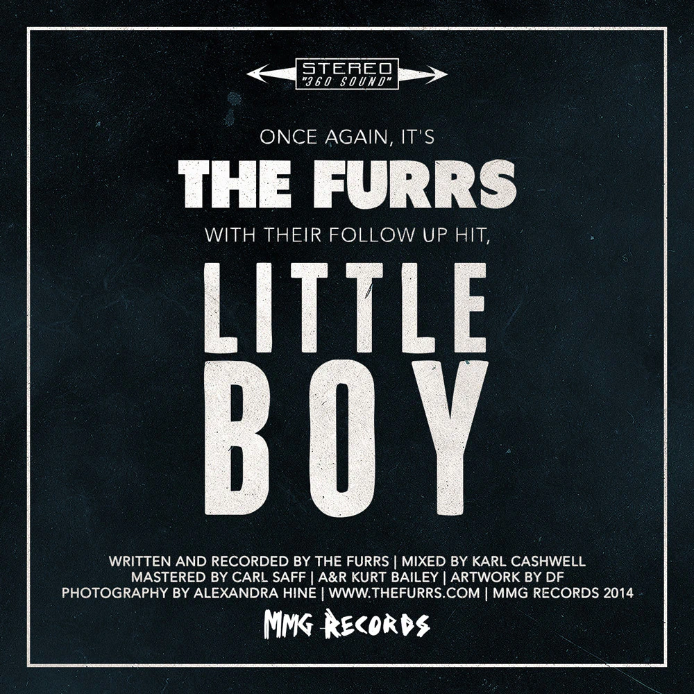 Single cover for The Furrs, 'Little Boy', the same vintage record sleeve treatment reversed to cream type on near black