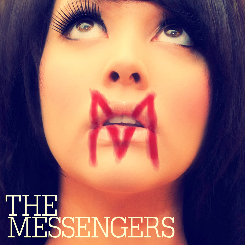 Album cover for The Messengers: a woman looking upward with a red letter M painted across her mouth