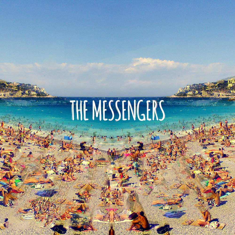 Album cover for The Messengers: a mirrored photograph of a crowded Mediterranean beach under a clear blue sky