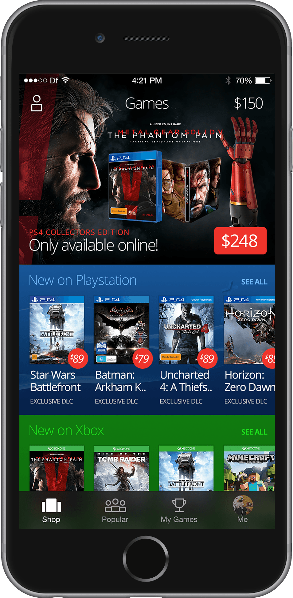 A games store concept on a phone: a Metal Gear Solid V collector's edition hero with the price, then rows of new PlayStation and Xbox releases each marked with exclusive downloadable content