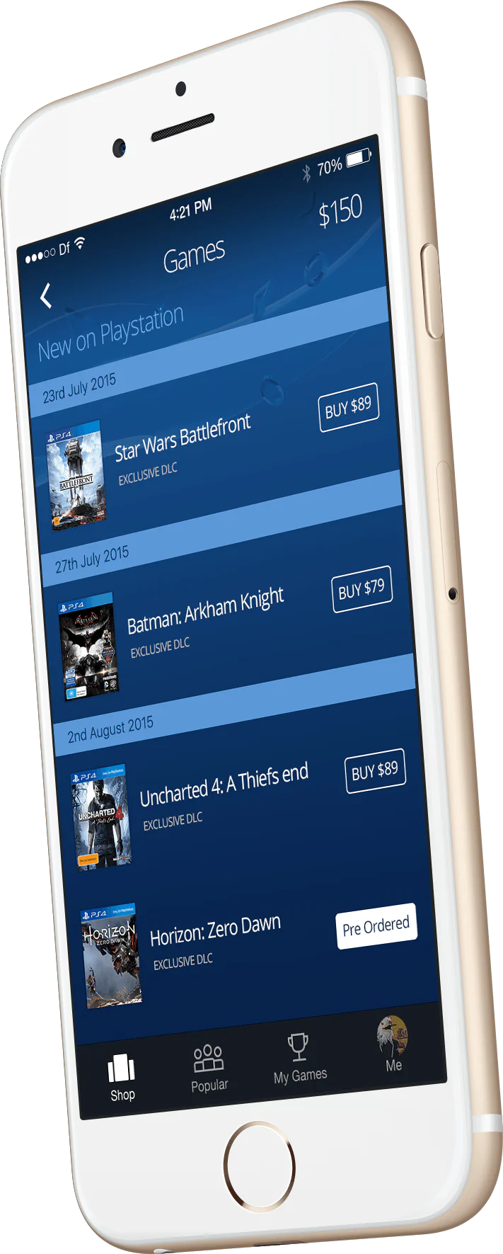 The same concept showing new PlayStation releases as a dated list, each title priced with a buy button and one already marked pre-ordered
