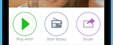 The artist screen's three round buttons: play artist in green, start radio in grey, and share in purple