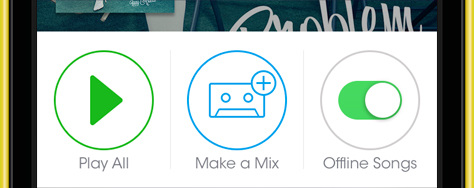 The chart screen's three round buttons: play all in green, make a mix in blue, and an offline songs toggle switched on