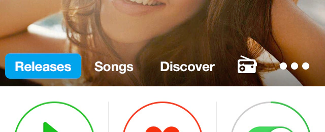 Header option one: tabs for releases, songs and discover set directly on the artist photograph, with the selected tab in a blue pill