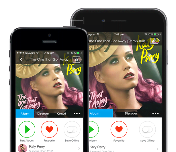 The same Katy Perry album screen on two phone sizes, showing how the layout adapts