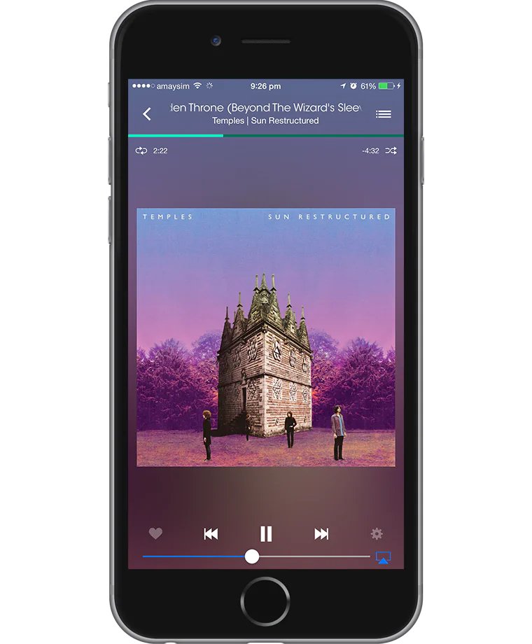 The JB Hi-Fi NOW Music player on a phone, showing album art for Temples' 'Sun Restructured' with a scrubber and transport controls