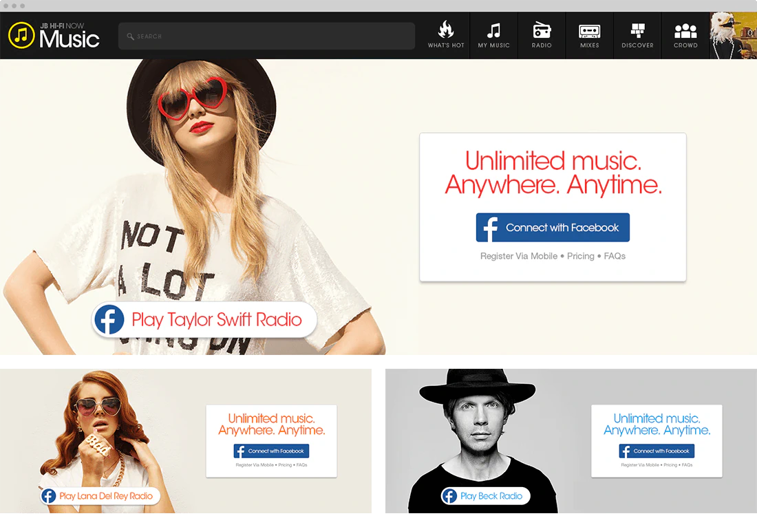 The JB Hi-Fi NOW Music sign-in page, a full bleed Taylor Swift portrait beside 'Unlimited music. Anywhere. Anytime.', with two further colourways below