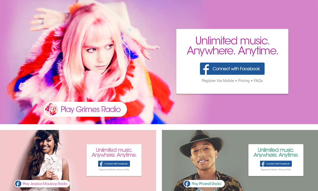 Three more sign-in colourways, each drawing its palette from the artist photograph: Grimes in pink, Jessica Mauboy in rose and Pharrell in olive