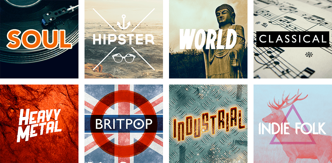Eight radio station tiles, each a genre wordmark set over its own photograph: soul, hipster, world, classical, heavy metal, britpop, industrial and indie folk