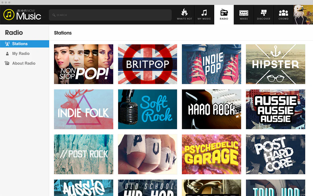 The Radio section of the web player, a grid of station tiles from non-stop pop through to post hardcore