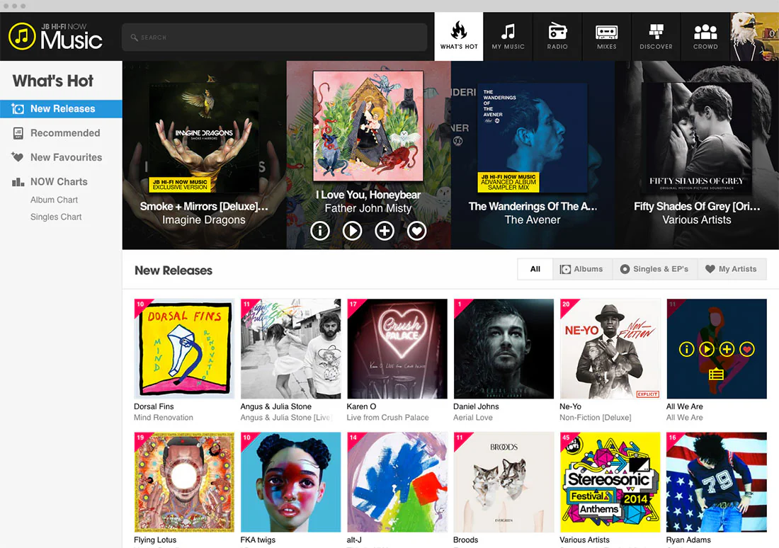 The What's Hot section, a row of featured new releases above a grid of album covers