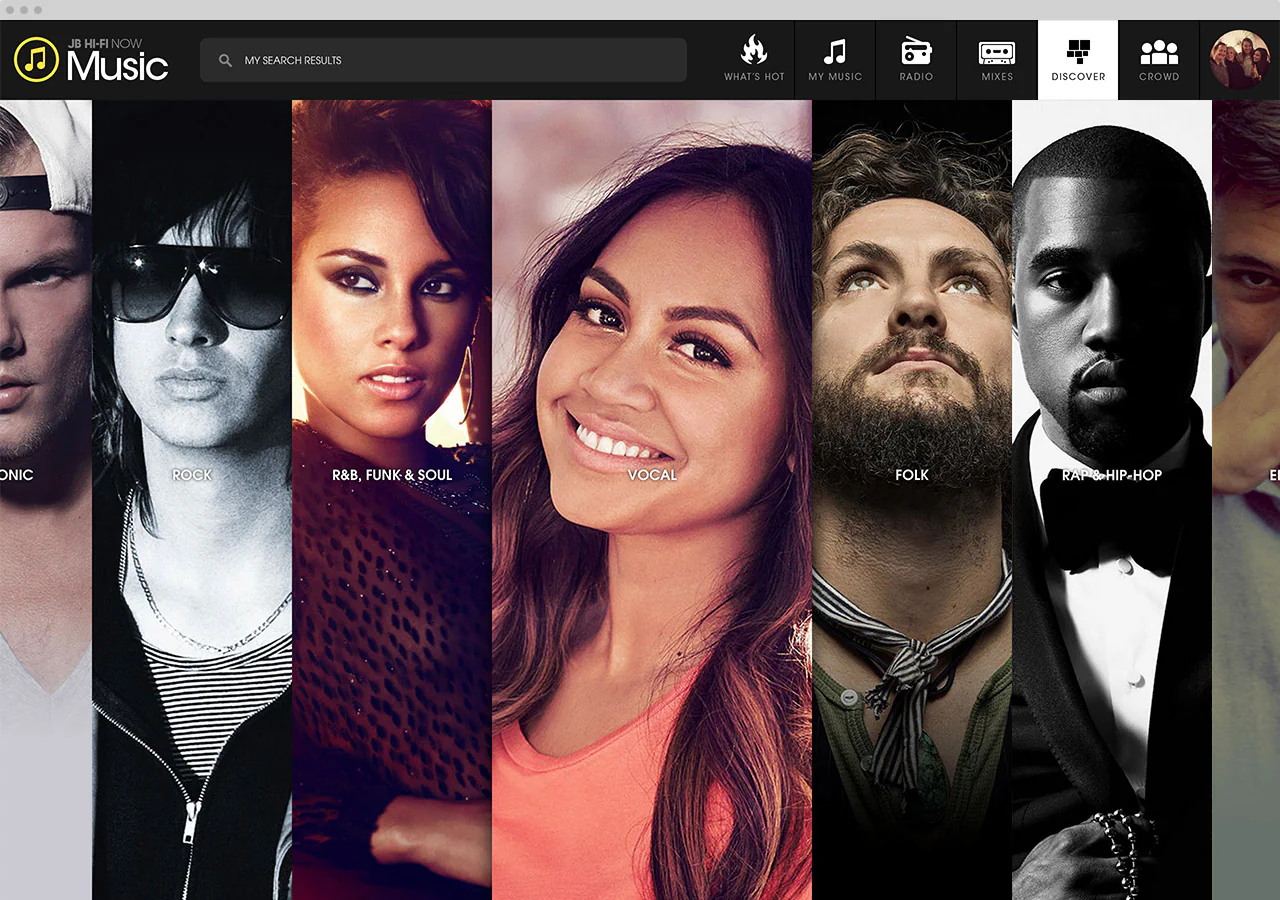 The Discover section, genres shown as tall photographic columns labelled rock, R&B, vocal, folk and rap and hip-hop