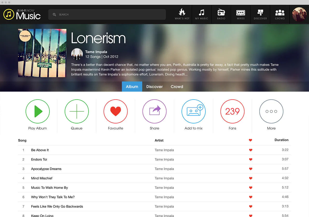 The album page for Tame Impala's 'Lonerism', with seven round action buttons above the full track list
