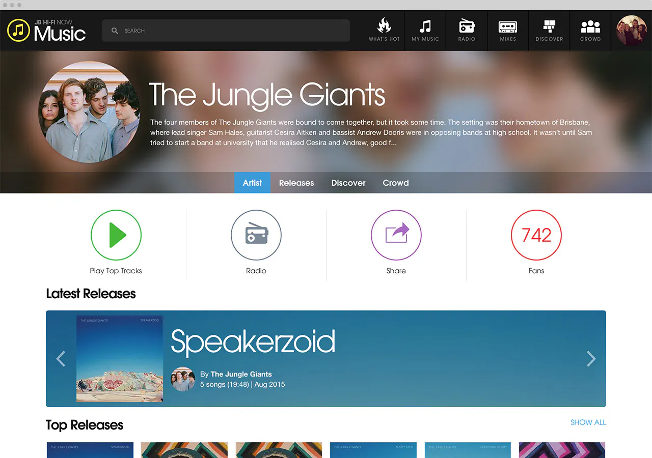 The artist page for The Jungle Giants, with a biography, four round action buttons and the latest release banner