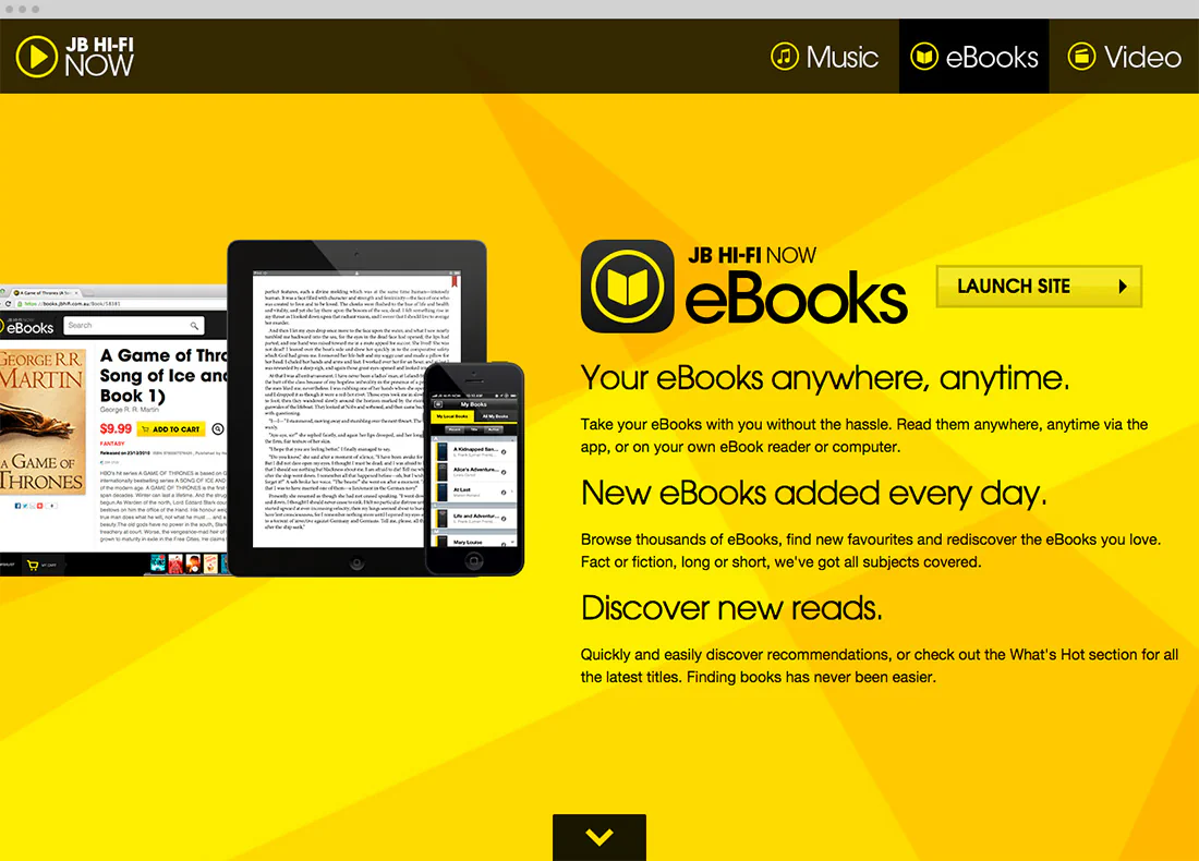 The eBooks panel, yellow, with the reader shown on desktop, tablet and phone