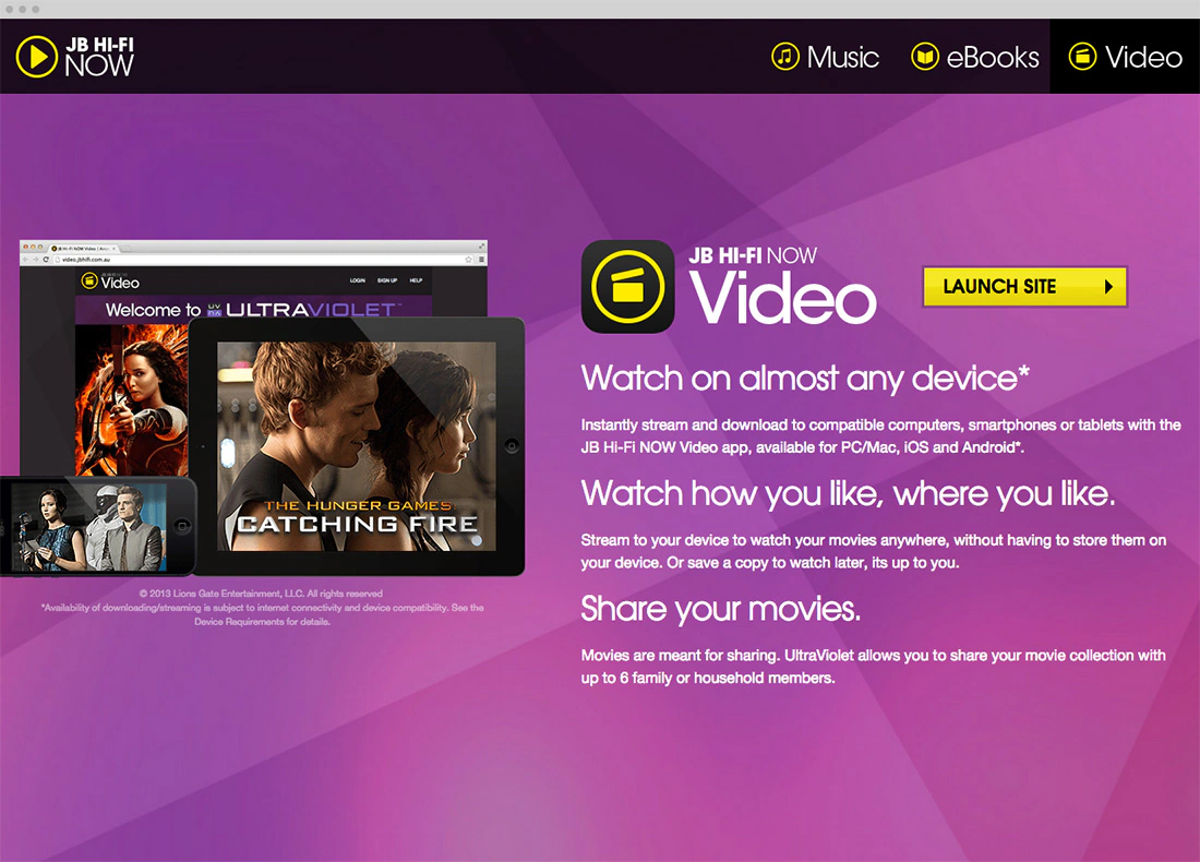 The Video panel, purple, with the same film playing across a laptop, tablet and phone