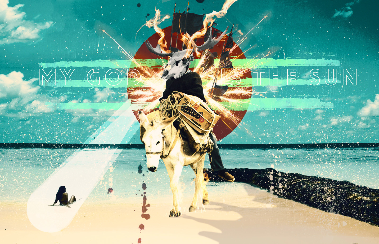 Digital collage: a figure wearing a burning antlered animal skull rides a white donkey along a beach, sparks flying against a red sun disc and a turquoise sky, with the title 'My god is the sun' across the horizon