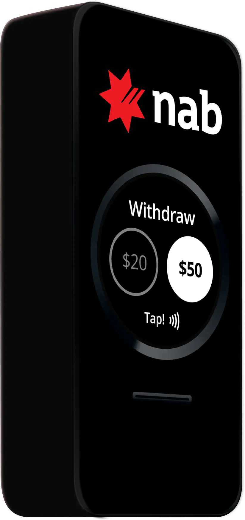 The ATM concept mid-transaction: fifty dollars selected and filled white, with the prompt 'Tap!' and a contactless symbol below
