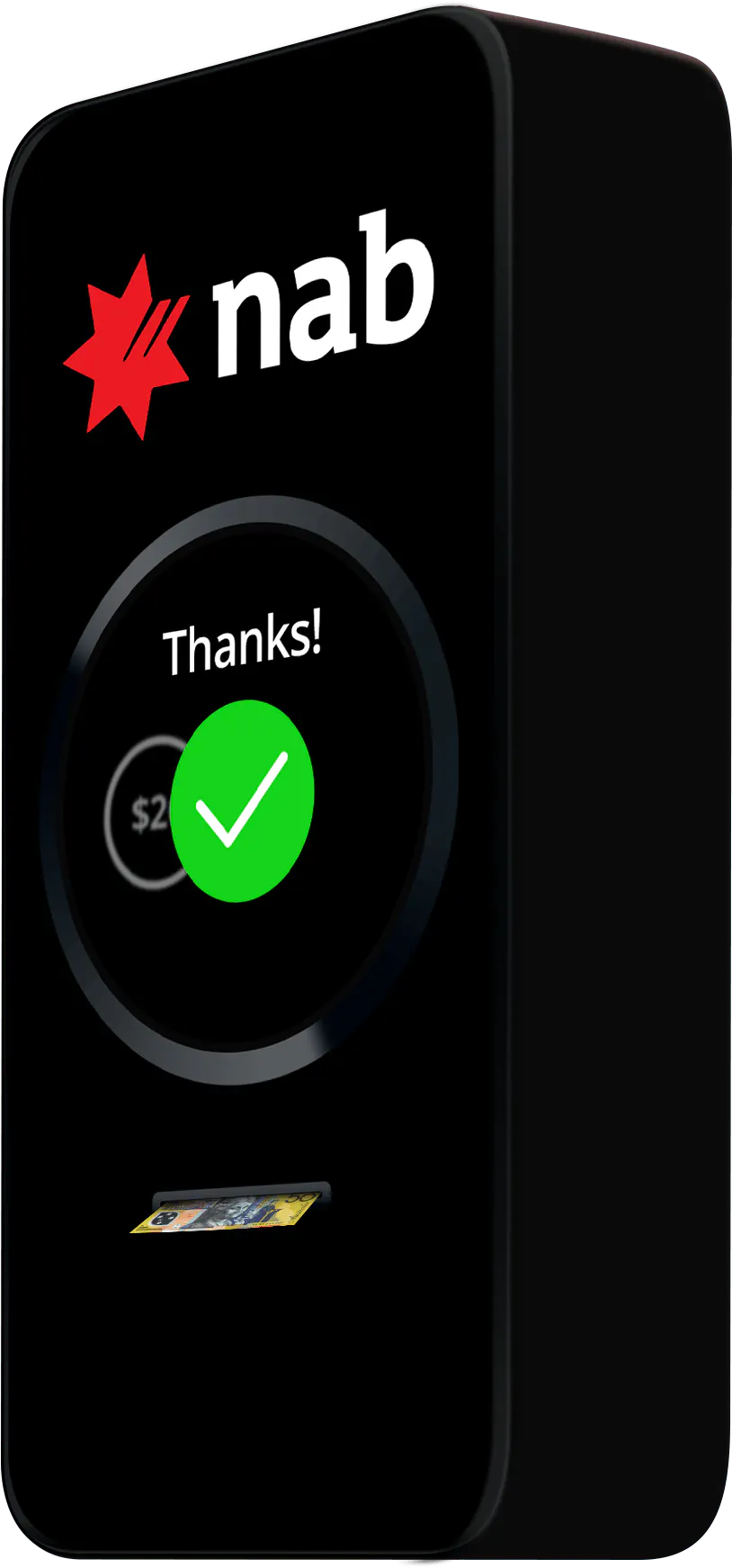 The ATM concept on completion: a green tick inside the ring above the word 'Thanks!', with banknotes emerging from the slot