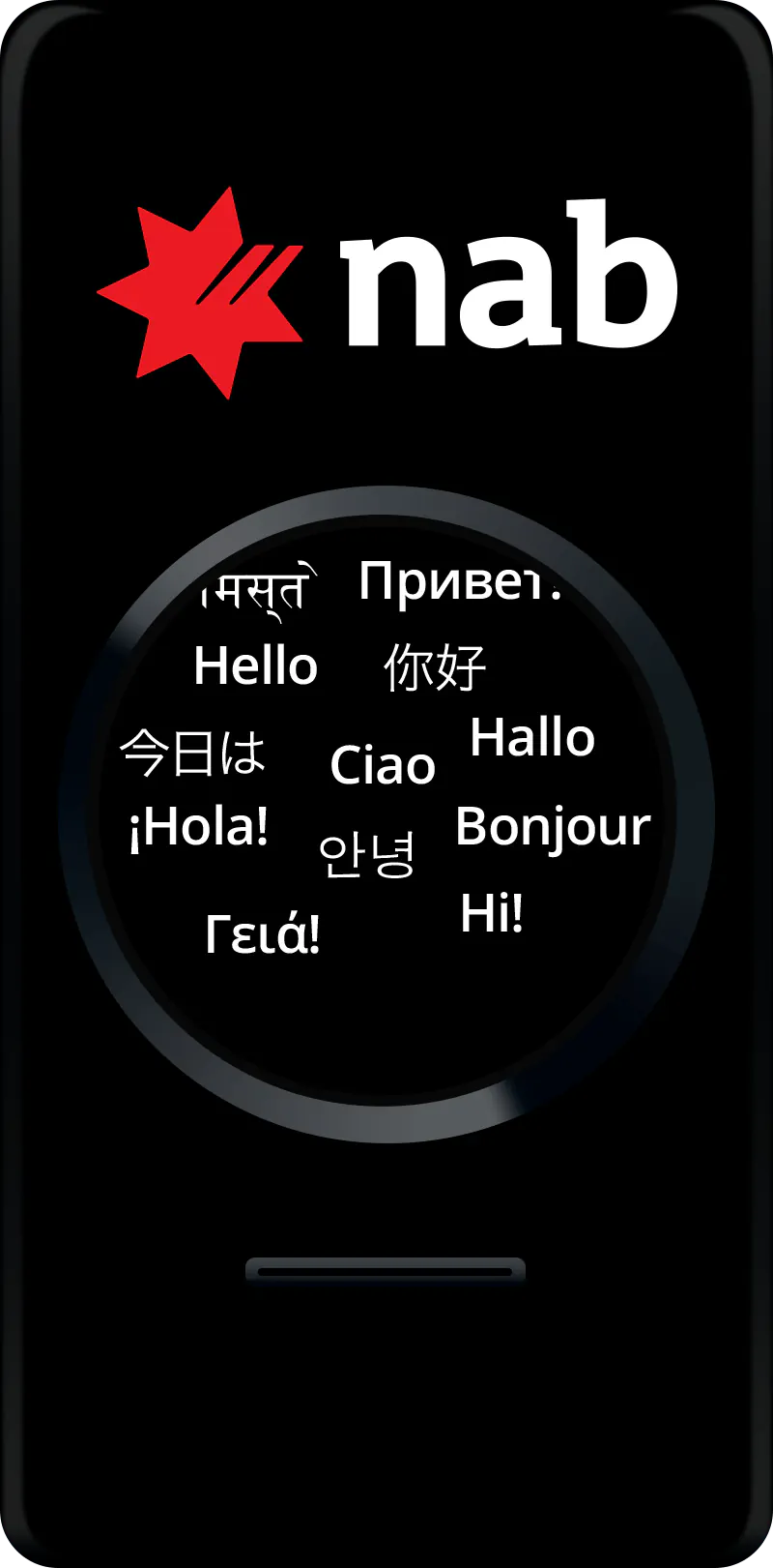 The ATM concept's language screen, greeting the customer in ten languages at once including Hindi, Russian, Japanese, Korean and Greek