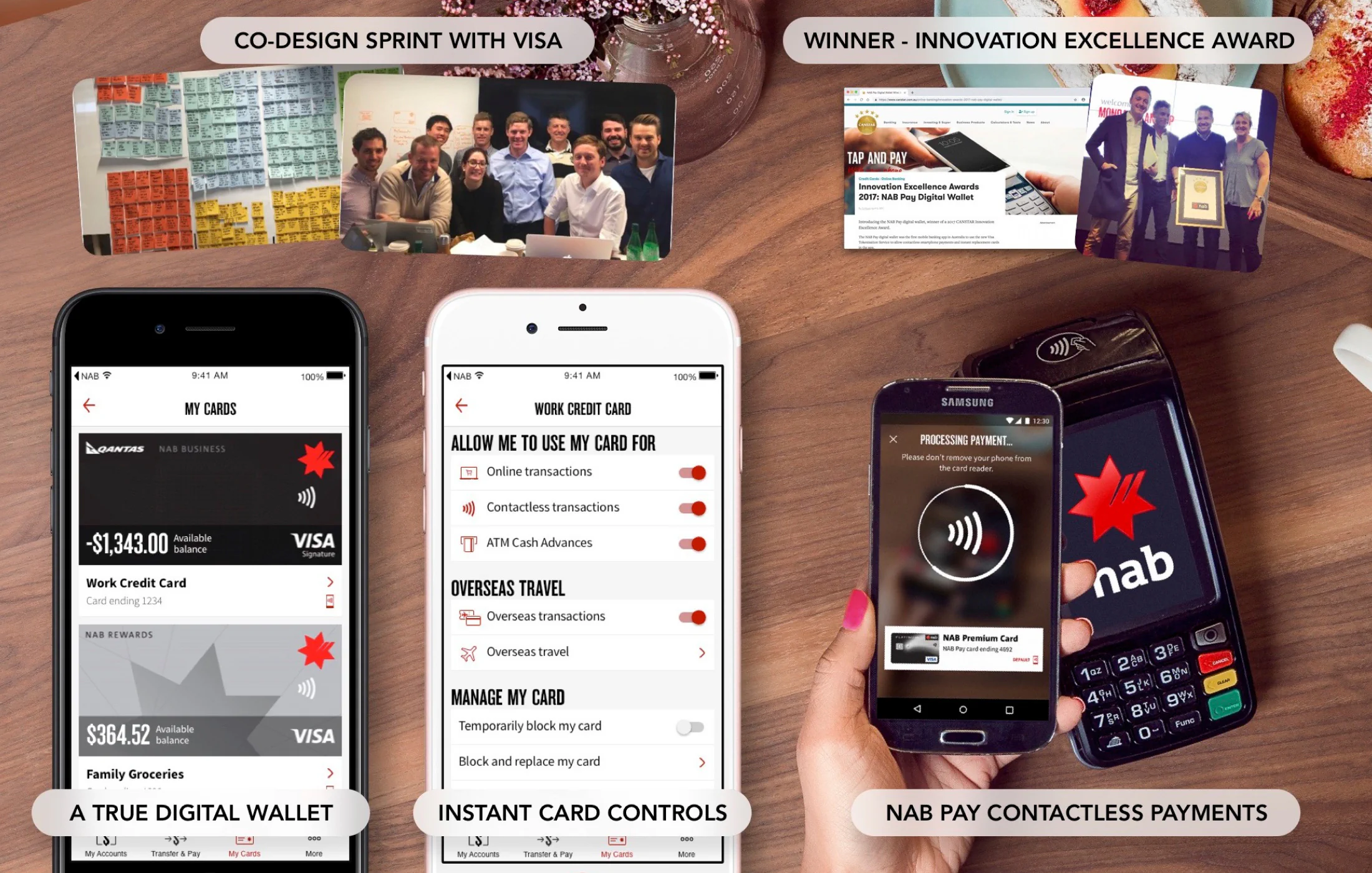 NAB Pay overview: photographs from the co-design sprint with Visa and the CANSTAR award win, above three phones showing the card list, per-card controls for online, contactless, ATM and overseas use, and a handset paying at a NAB terminal