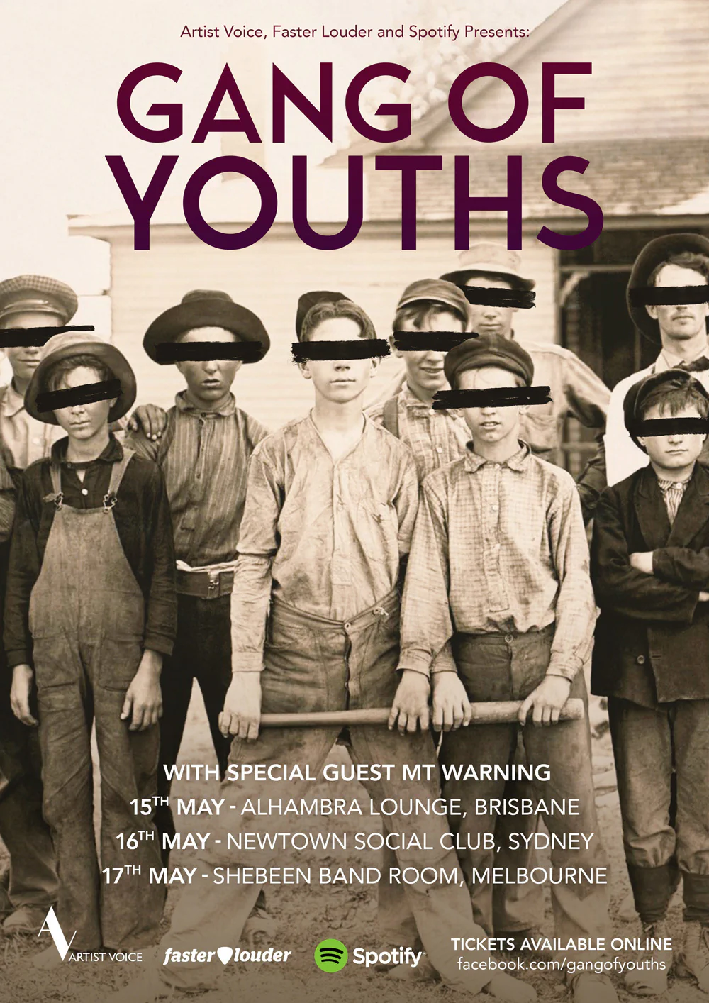 Gig poster for Gang of Youths with Mt Warning, over a sepia photograph of a group of young mill workers with their eyes struck through in black