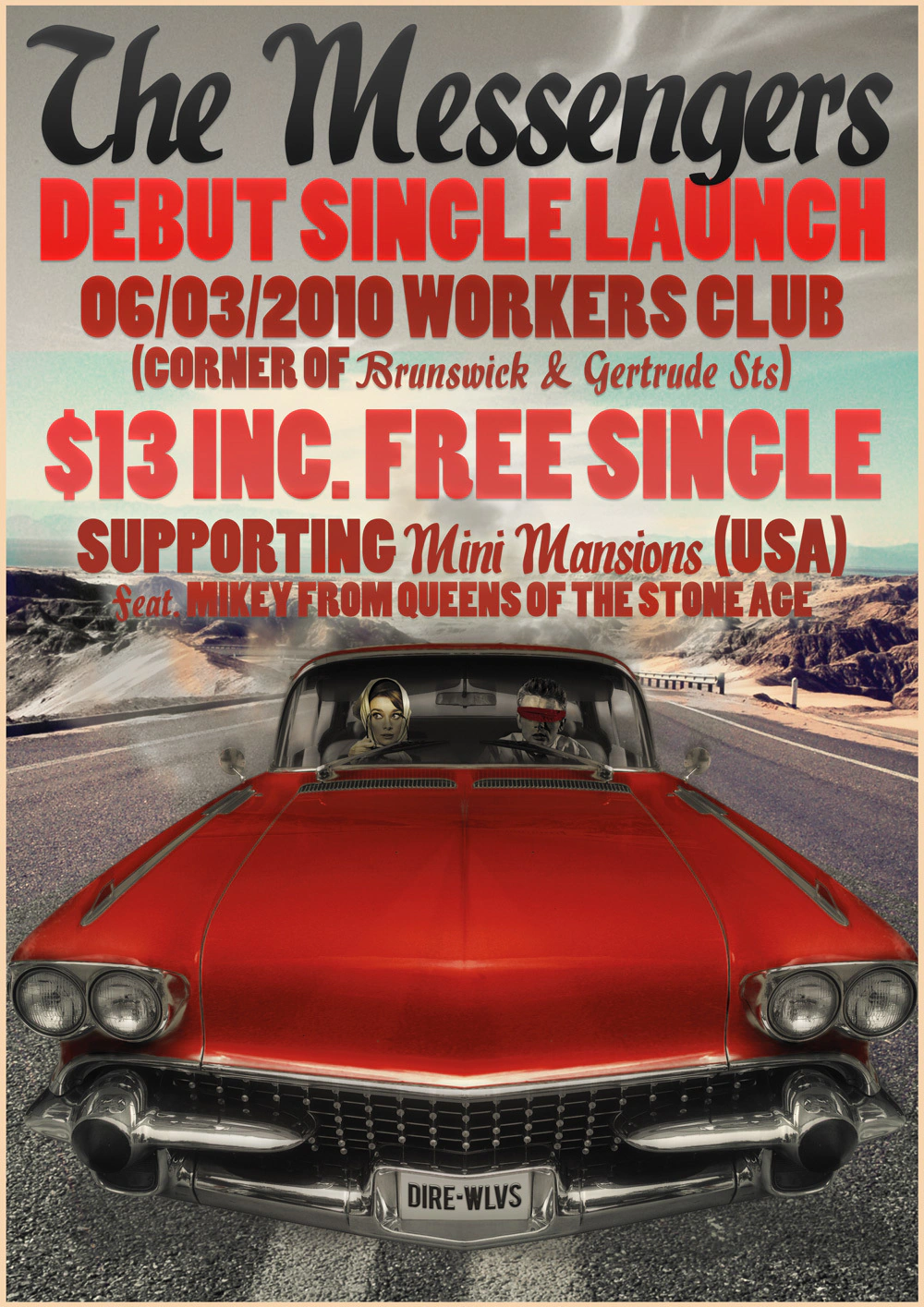 Gig poster for The Messengers' debut single launch, a red 1950s convertible head-on in a desert with two blindfolded passengers