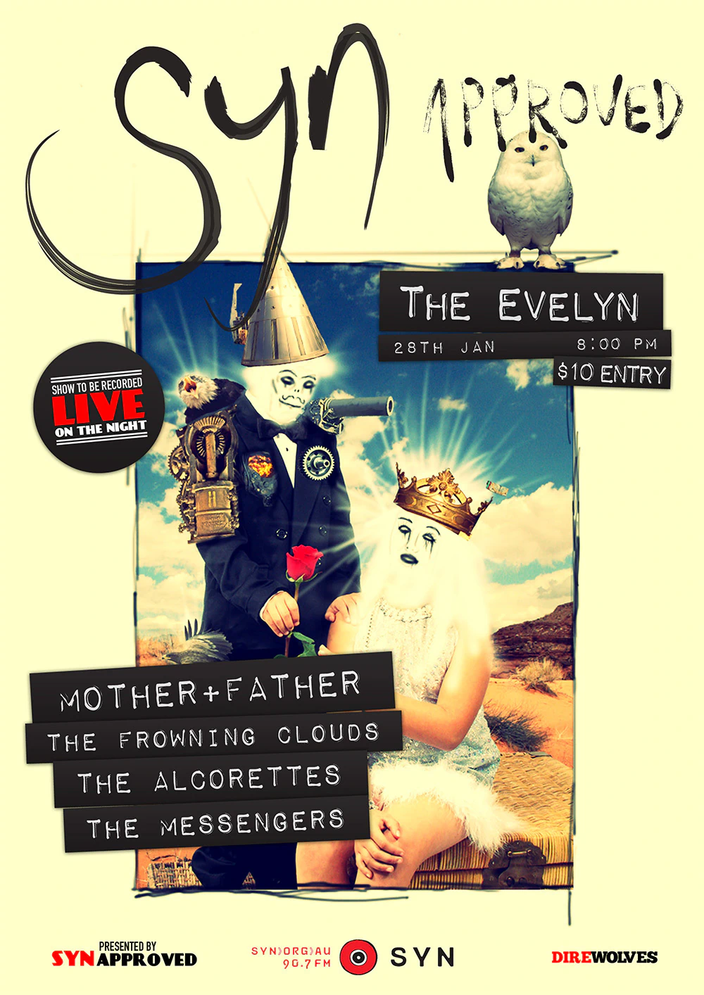 Gig poster for SYN Approved at The Evelyn, a surreal collage of a bride and groom with blank white faces, a crown and a snowy owl