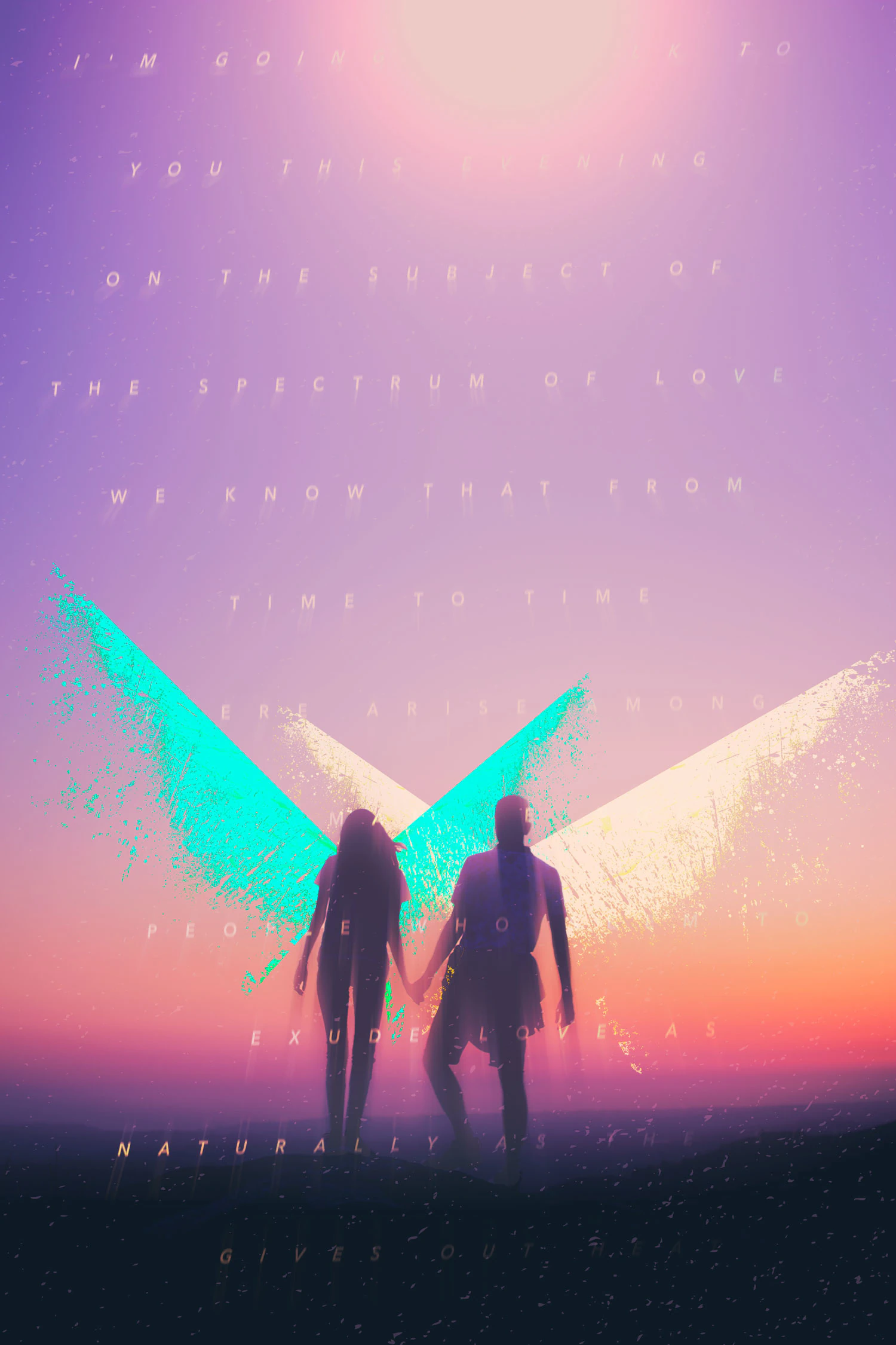 Digital collage: two figures holding hands in silhouette at sunset, painted turquoise and cream wings spread behind them, with Alan Watts' words on the spectrum of love set in faint capitals across the sky