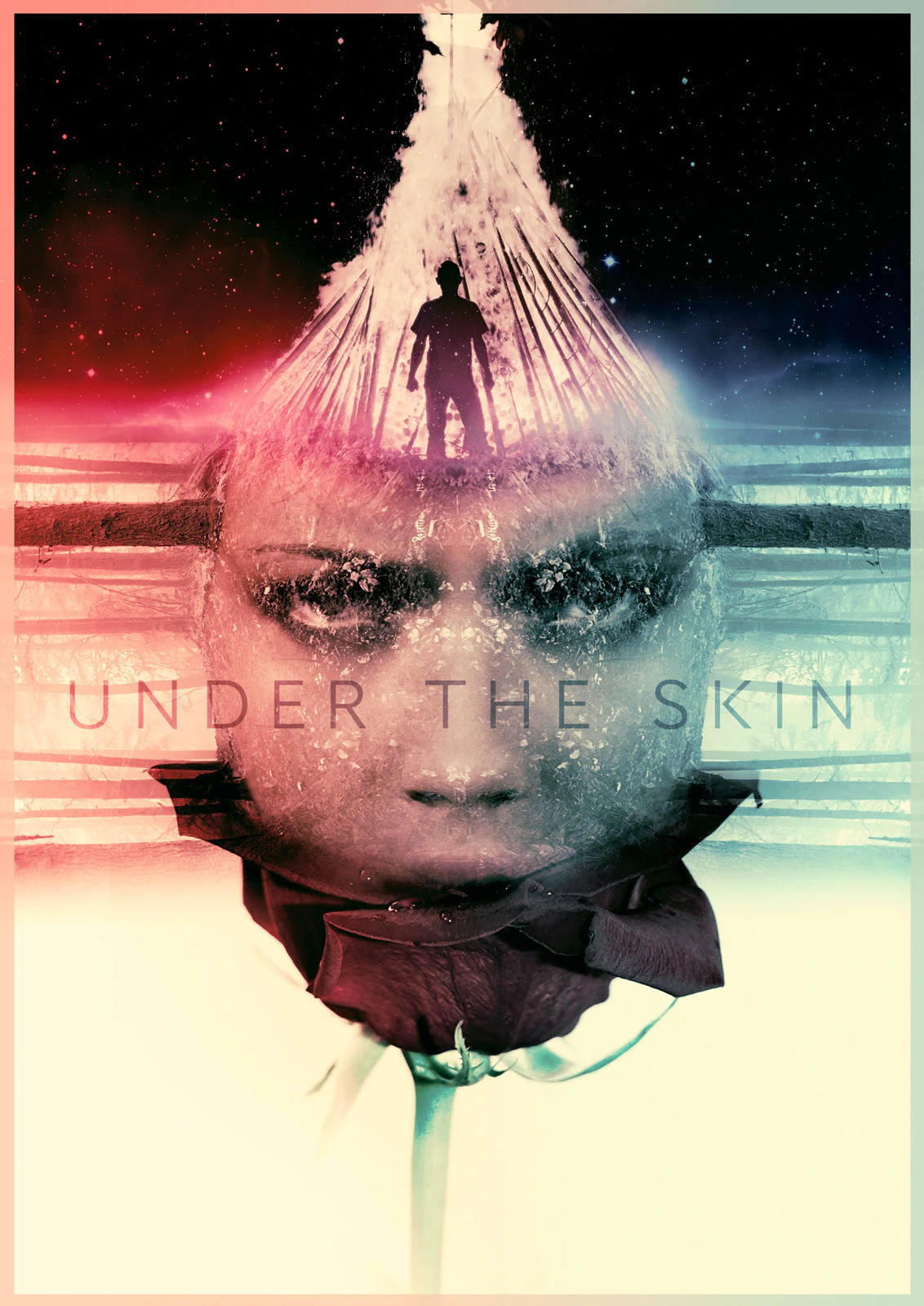 Digital collage: a woman's face dissolving into a dark red rose, a lone figure silhouetted on the crown of her head against a starfield, titled 'Under the skin'