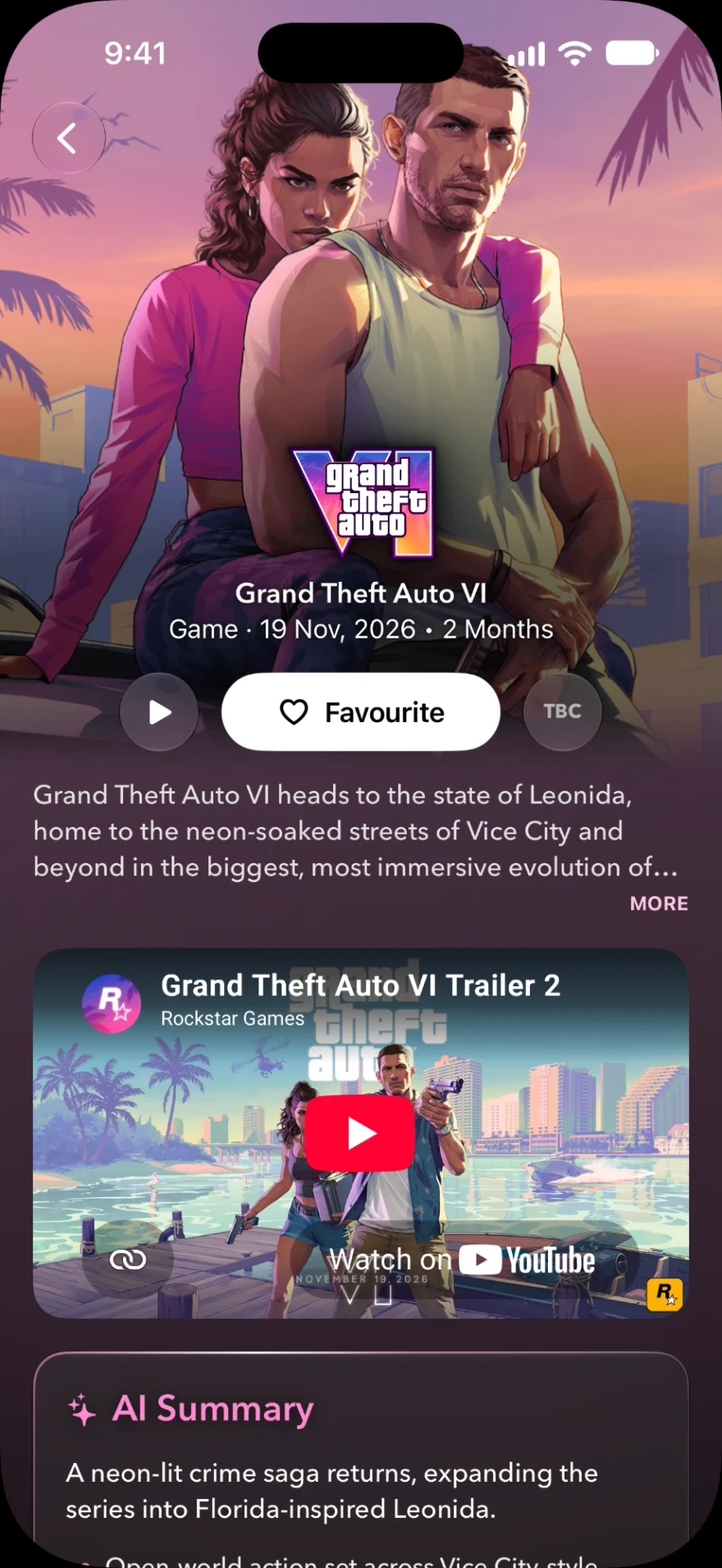 The Grand Theft Auto VI page: release date and countdown, a Favourite button, the trailer and an AI summary.