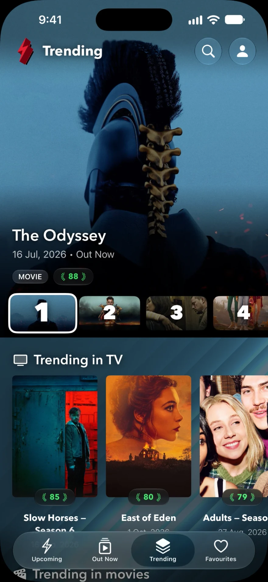 The Trending tab: The Odyssey at number one with a critic score of 88, then trending TV with Slow Horses, East of Eden and Adults.