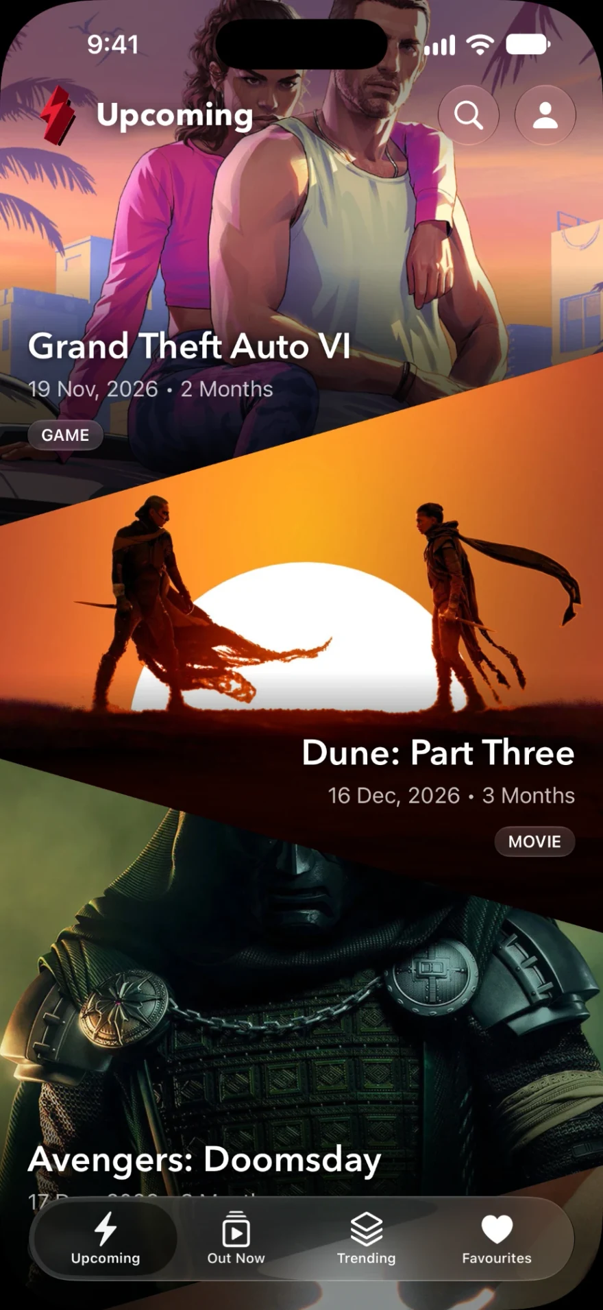 The Upcoming tab: Grand Theft Auto VI, Dune: Part Three and Avengers: Doomsday, each with its release date and countdown.