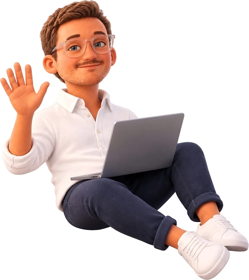 A 3D cartoon of Daniel Fisher sitting with a laptop and waving, wearing clear glasses and a white shirt