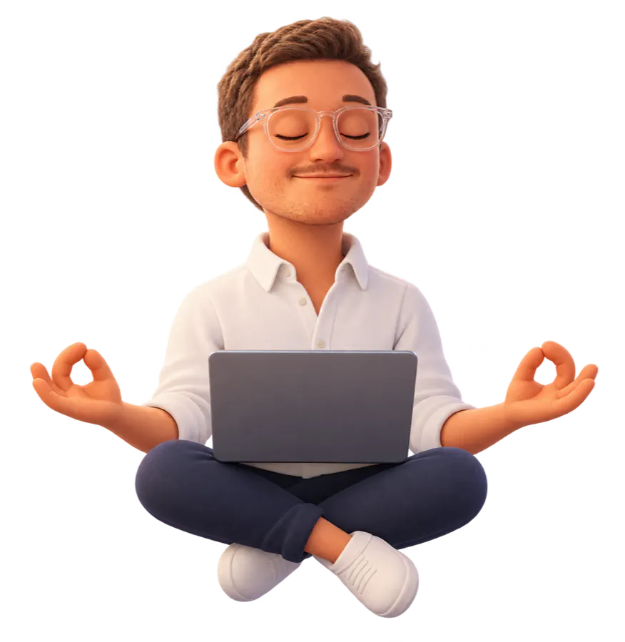 A 3D cartoon of Daniel Fisher sitting cross-legged with a laptop, wearing clear round glasses and a white shirt
